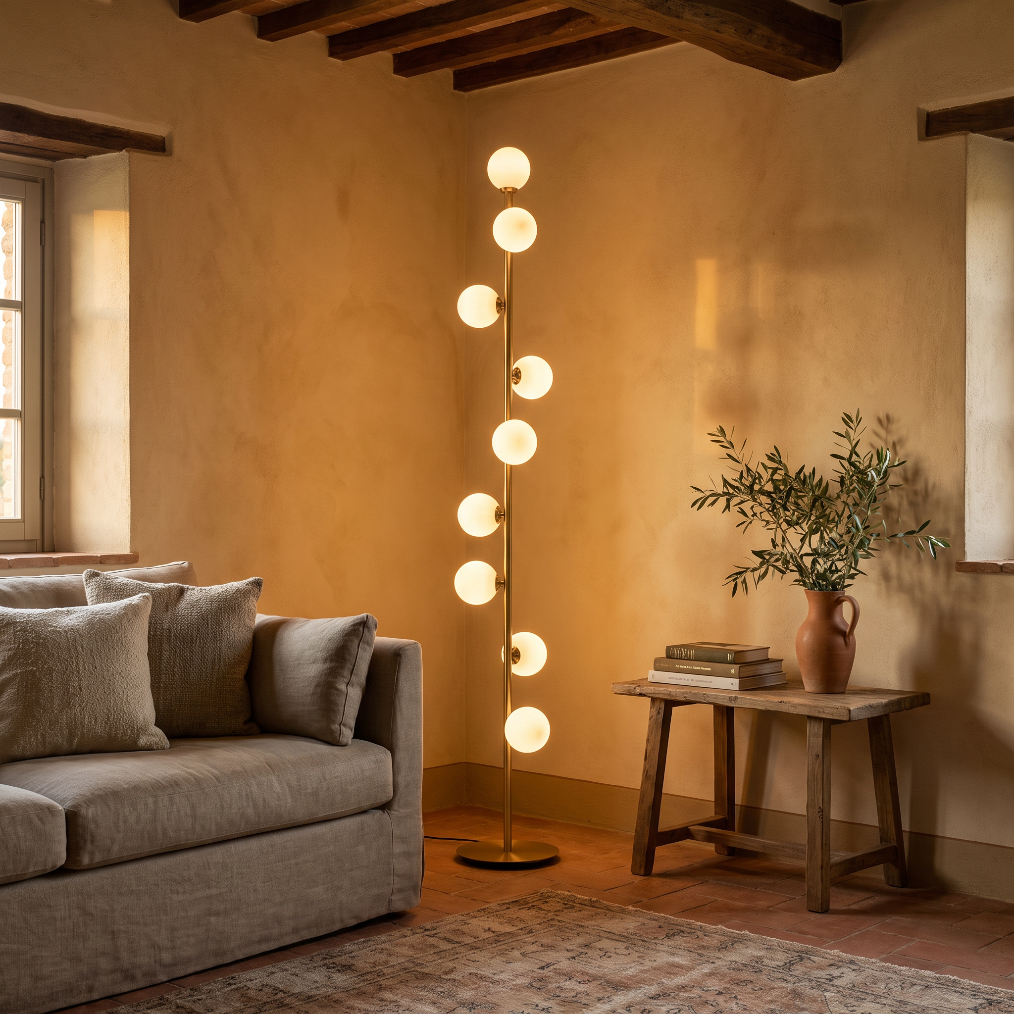 Lumiglow floor light in the corner of a Tuscan living room