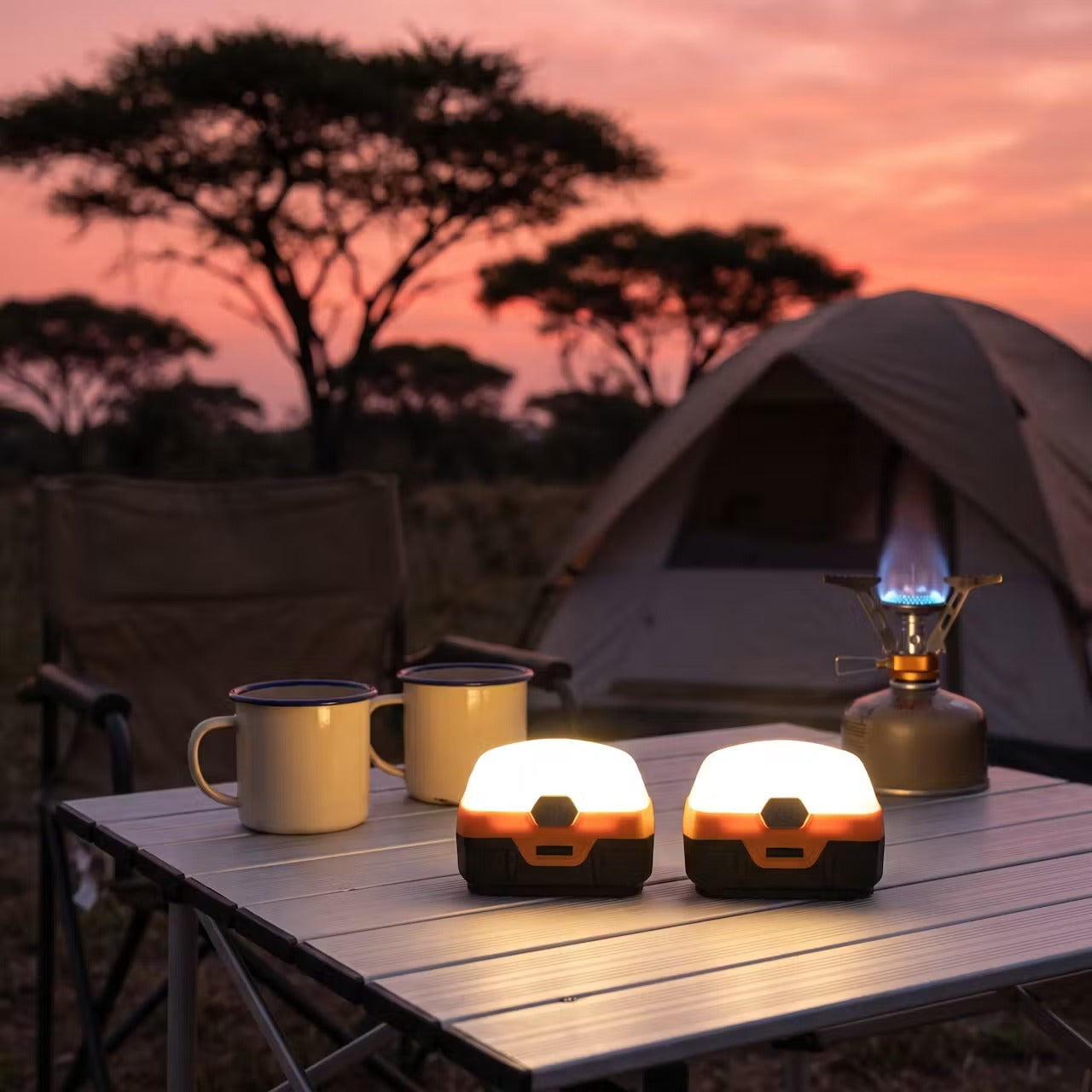 Mag Pod LED lights on a camping table at sunset