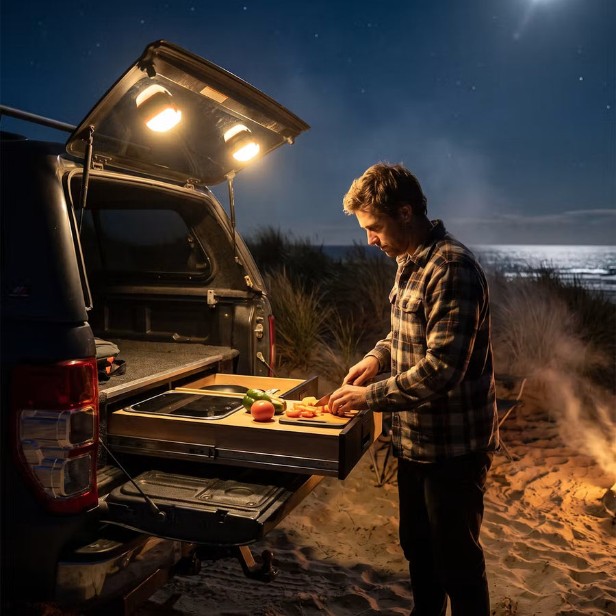 Mag Pod LED lights on a bakkie tailgate at night