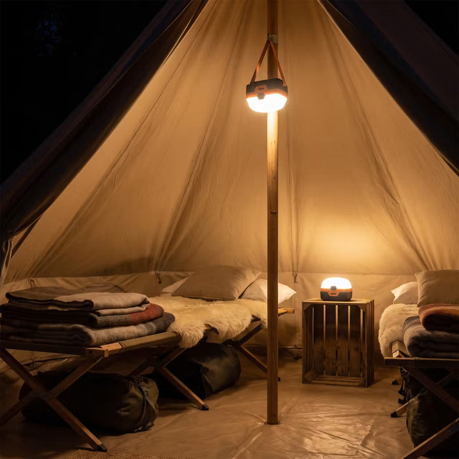 Mag Pod LED lights lighting a bell tent at night