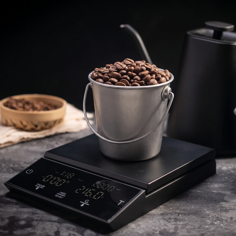 Misura Smart Coffee Scale weighing a small bucket of coffee beans