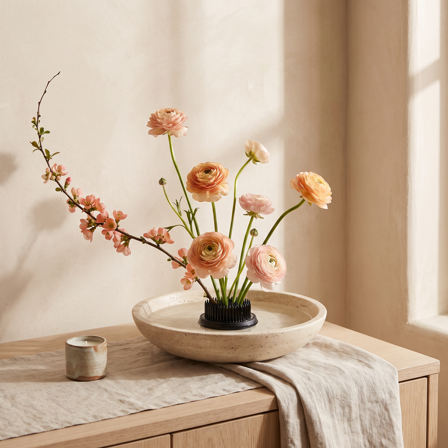 Needle Bloom flower holder in a travertine bowl with peach ranunculus