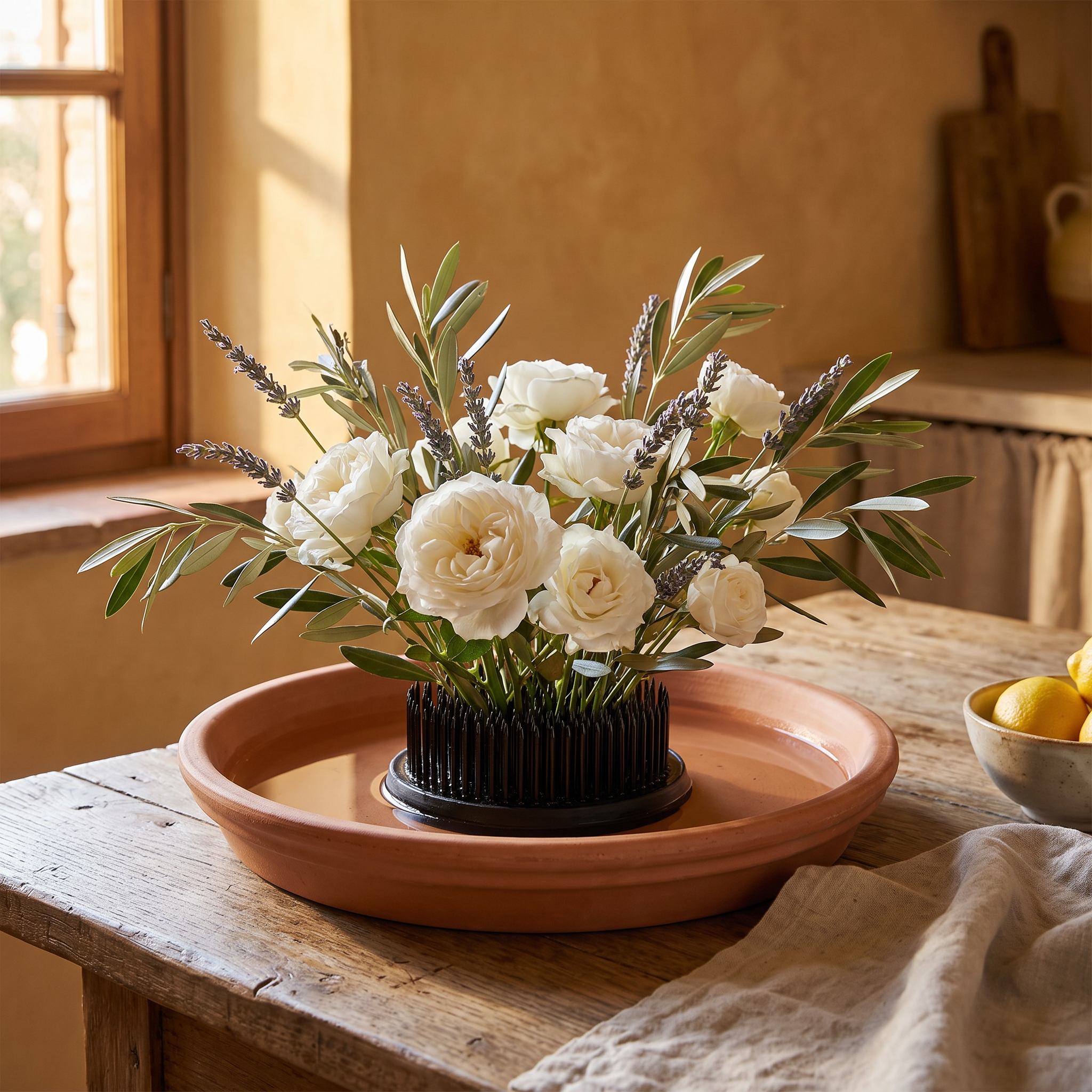 Needle Bloom flower holder in a terracotta dish with roses and olive branches