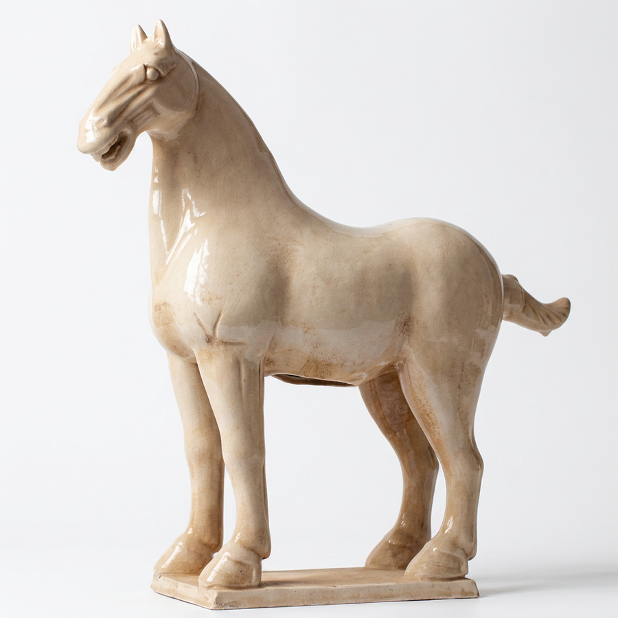 Large Glazed Terracotta Horse Statue - Beige Finish