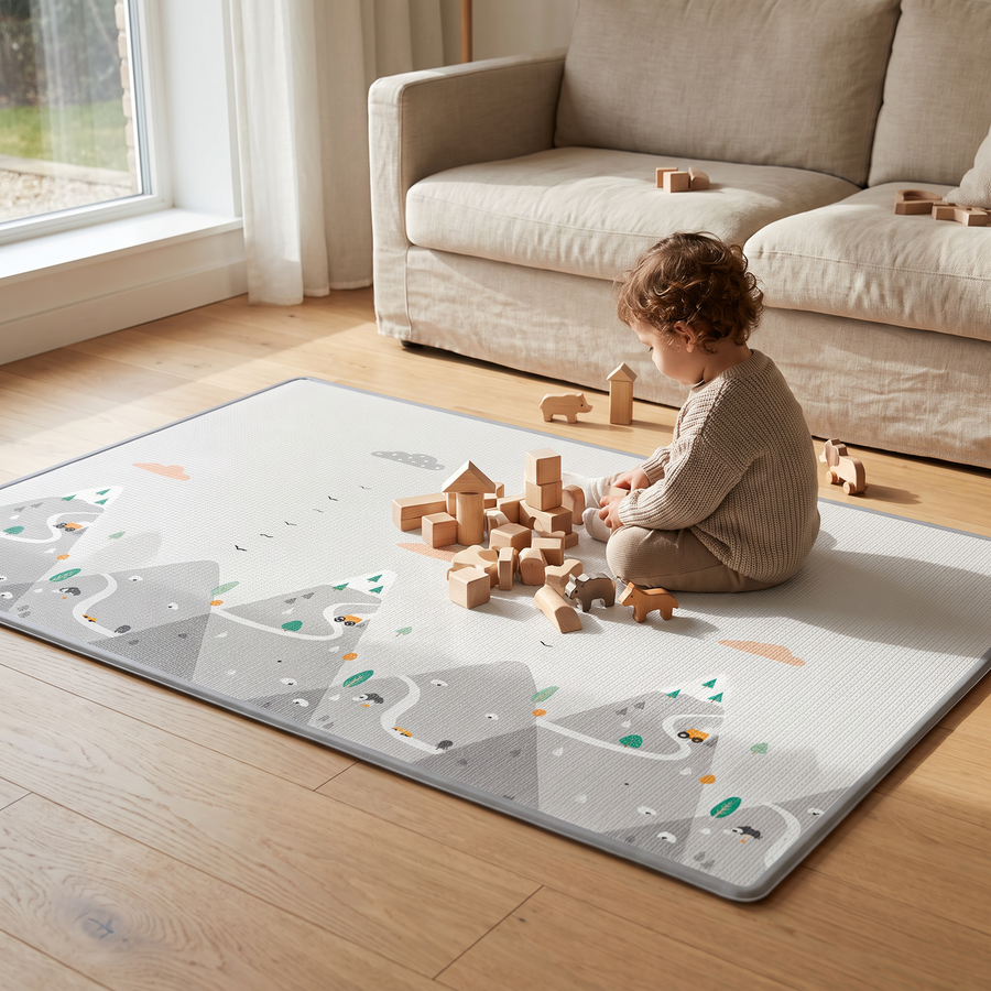 Toddler playing on the Alpine Peaks play mat in a living room