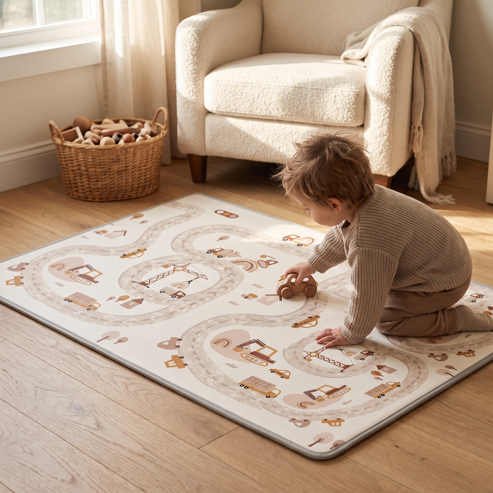 Toddler pushing a toy car on the Road Rascals play mat