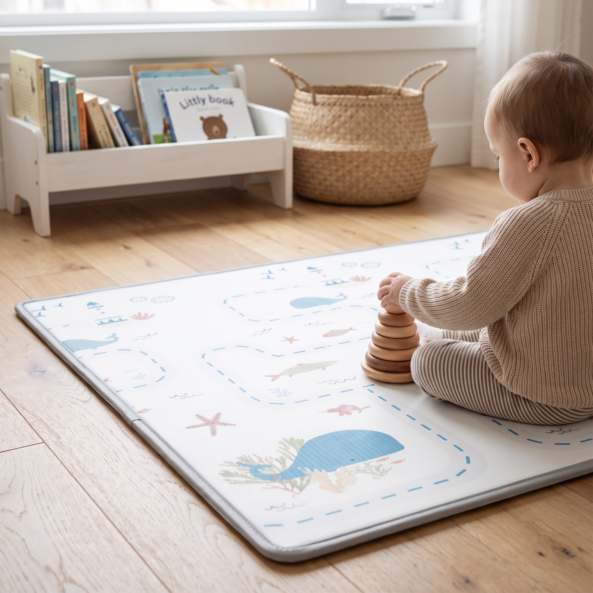 Toddler playing on the Whale Tale play mat in a playroom