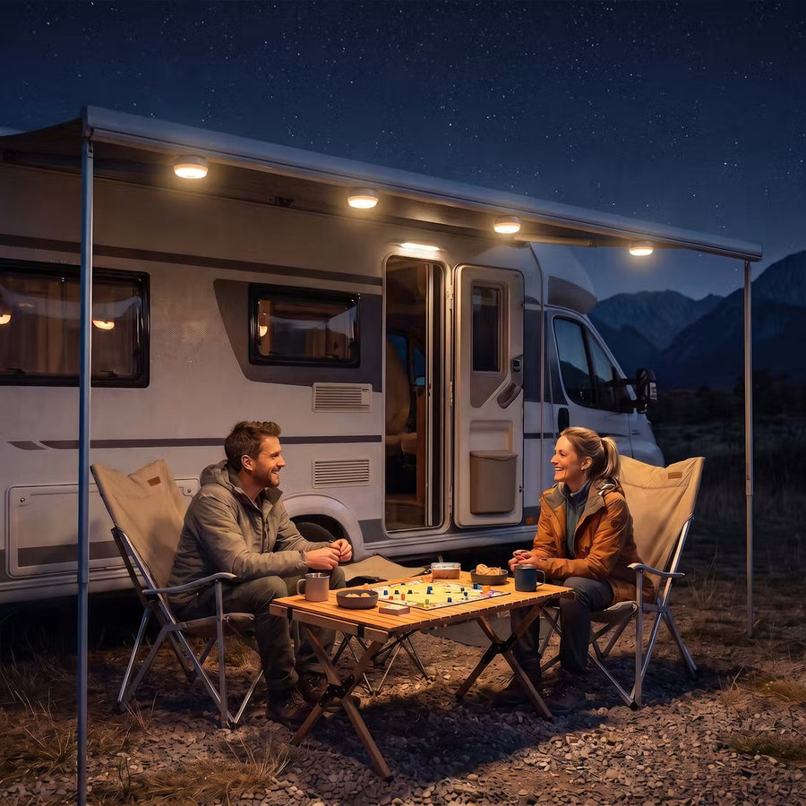 San Hima LED lights mounted magnetically on a caravan awning rail