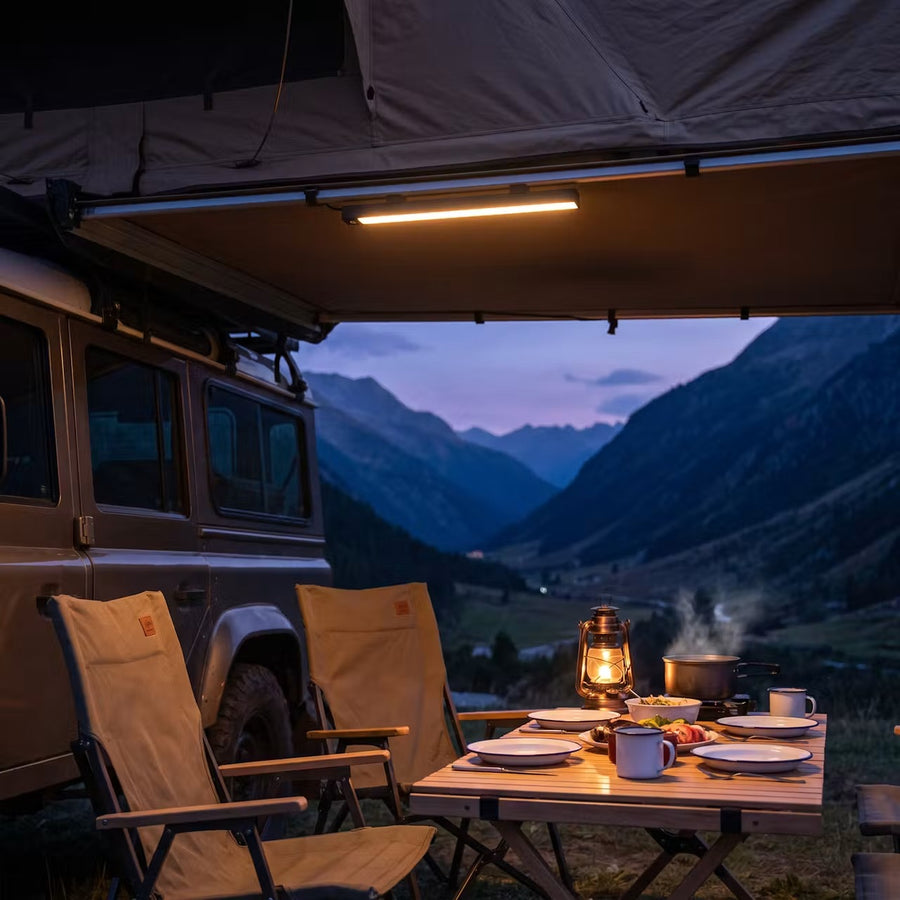 San Hima LED bar light on a 4x4 awning in amber