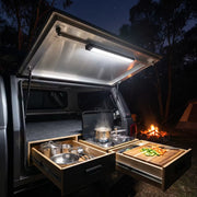 San Hima LED bar light in a 4x4 canopy camp kitchen