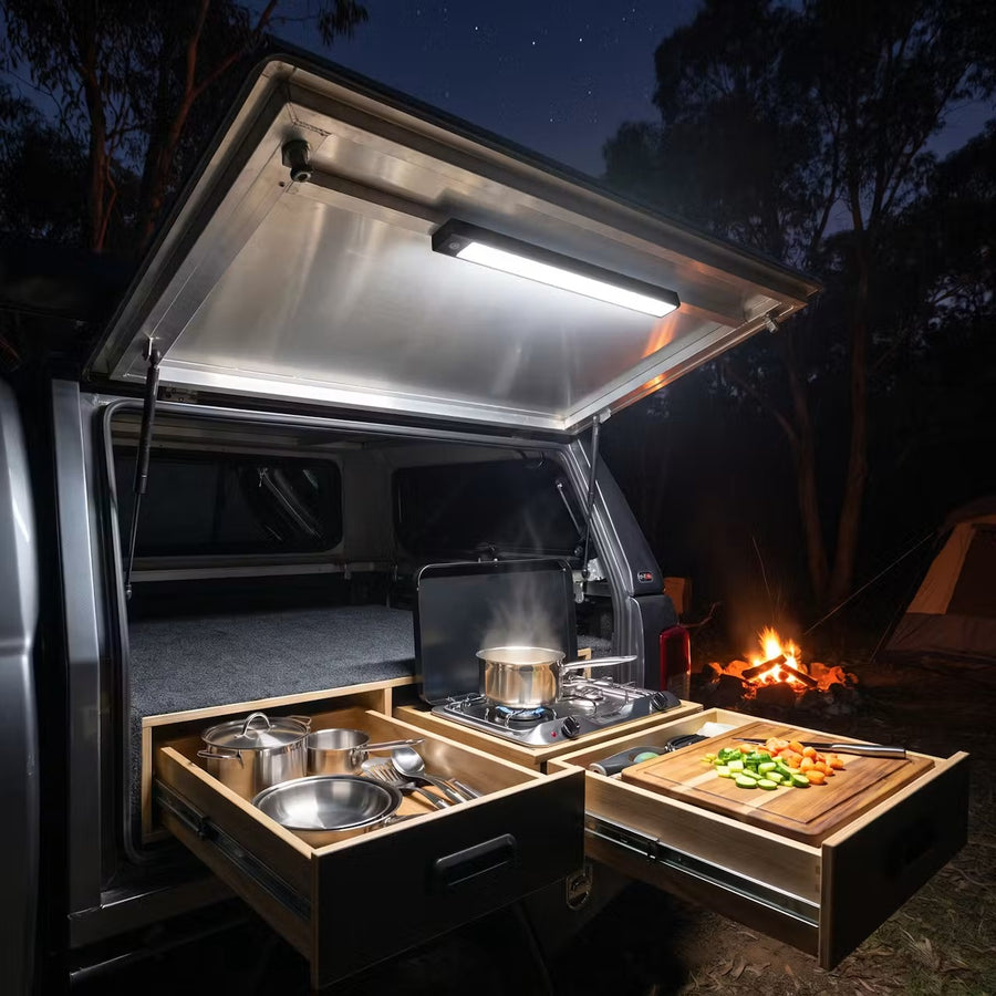 San Hima LED bar light in a 4x4 canopy camp kitchen