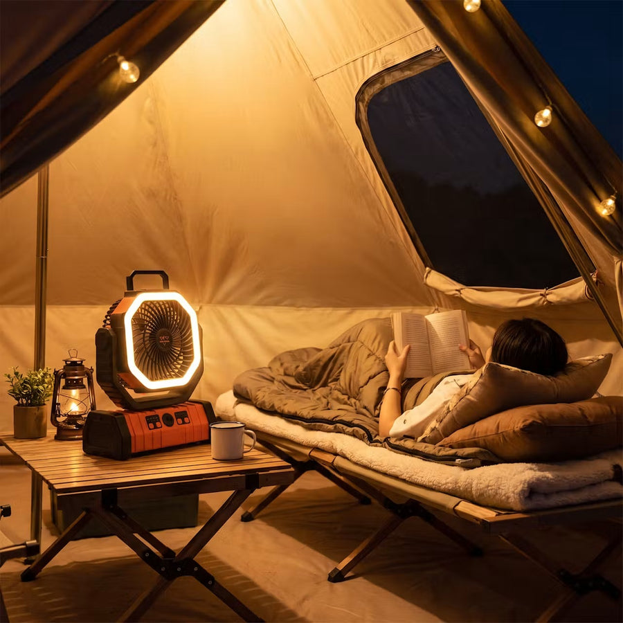 San Hima camping fan with LED light inside a tent