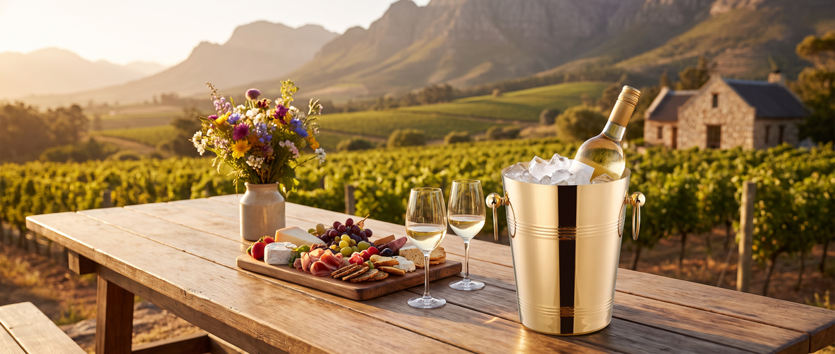 Gold ice bucket on a wine farm table with vineyards and mountains