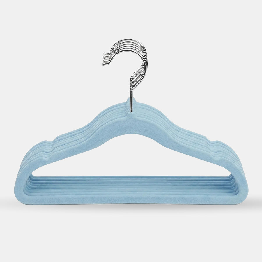 Beano velvet baby and kids hangers in blue on a grey studio background