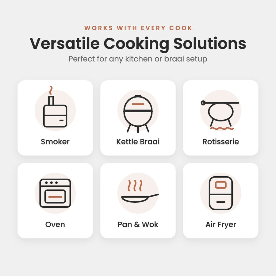 Works with smokers, kettle braais, rotisseries, ovens, pans and air fryers