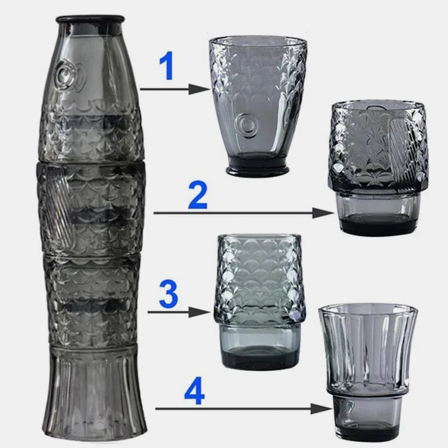 How the four fish glasses stack to form a koi fish