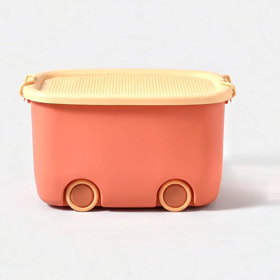 Play Time stackable storage box in coral, front view on studio grey