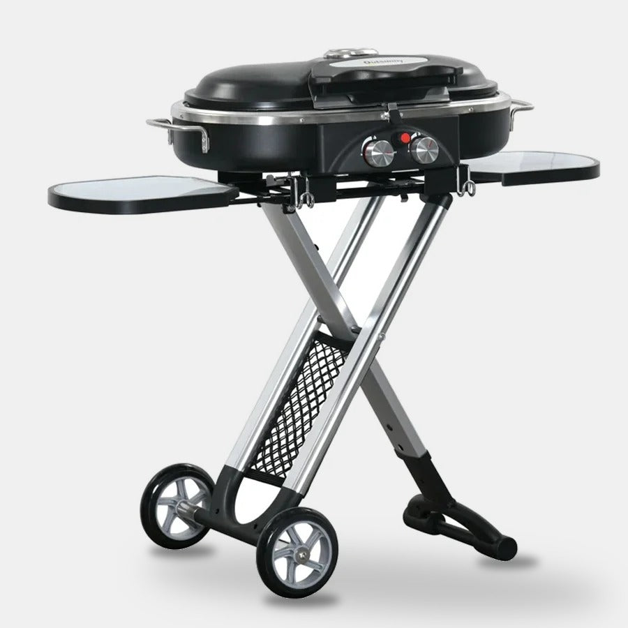 Ultimate Portable Foldable 2 Burner Gas Braai side view on studio grey