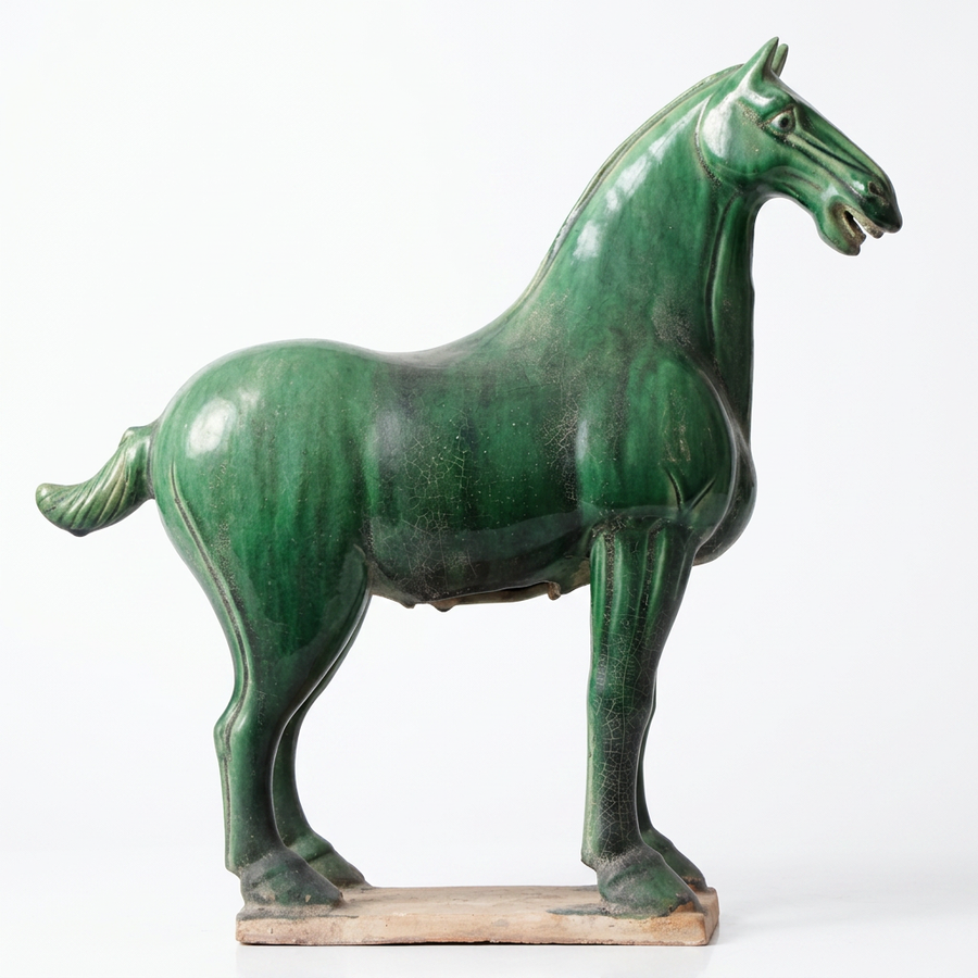 Terracotta Medium Glazed Horse Statue - Emerald Green Finish