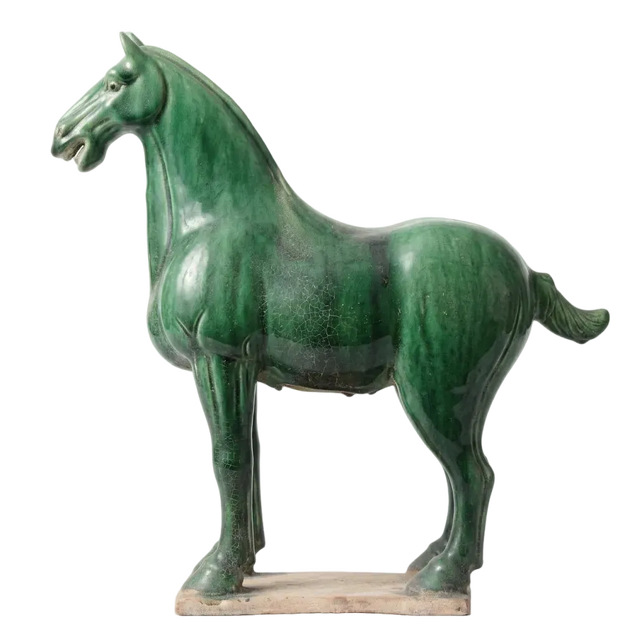 Terracotta Large Glazed Horse Statue - Emerald Green Finish