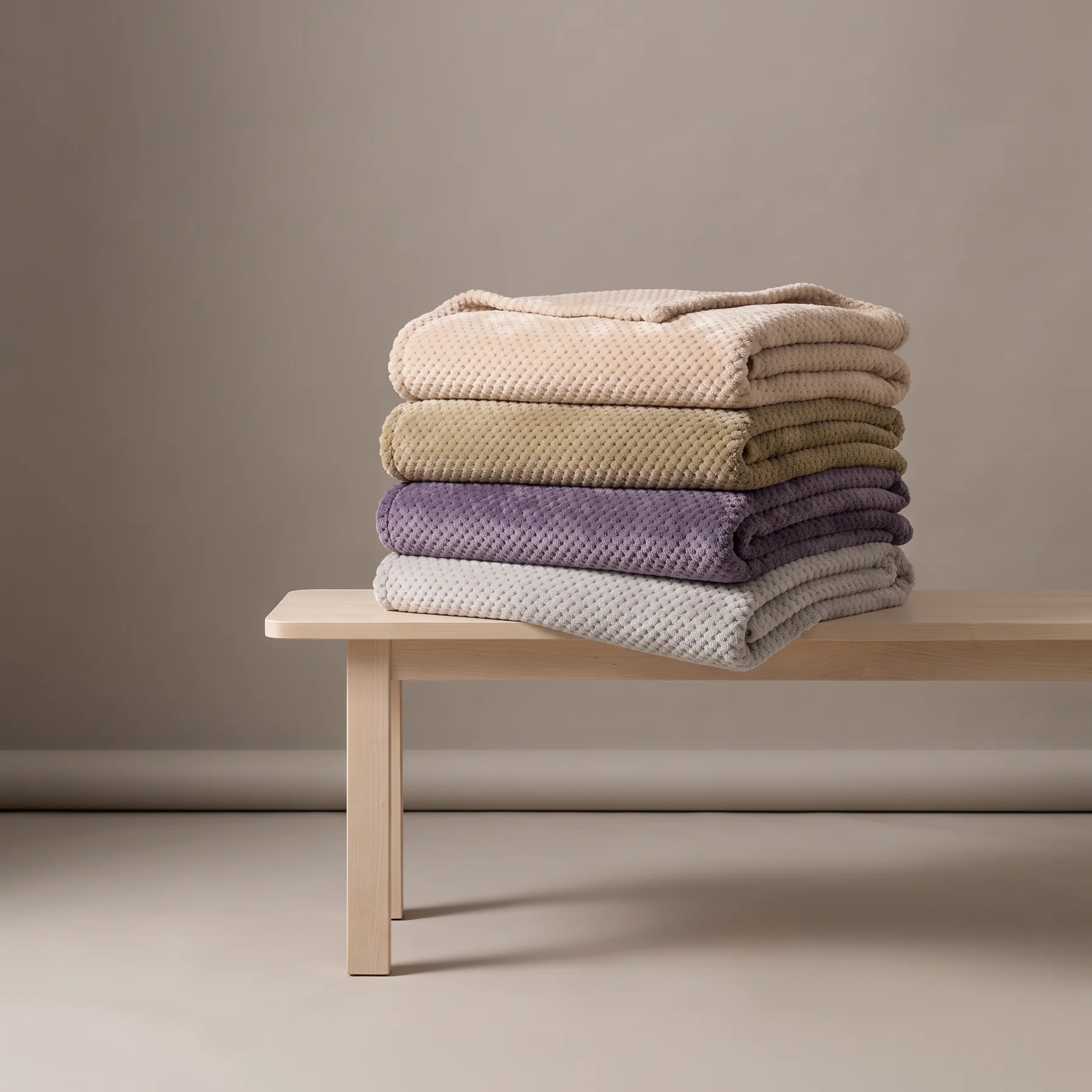 Vogue soft fleece blankets stacked on a bench - square studio shot