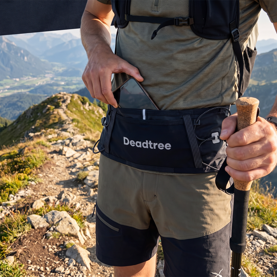 Hiker putting a phone into the Deadtree Stash Pack