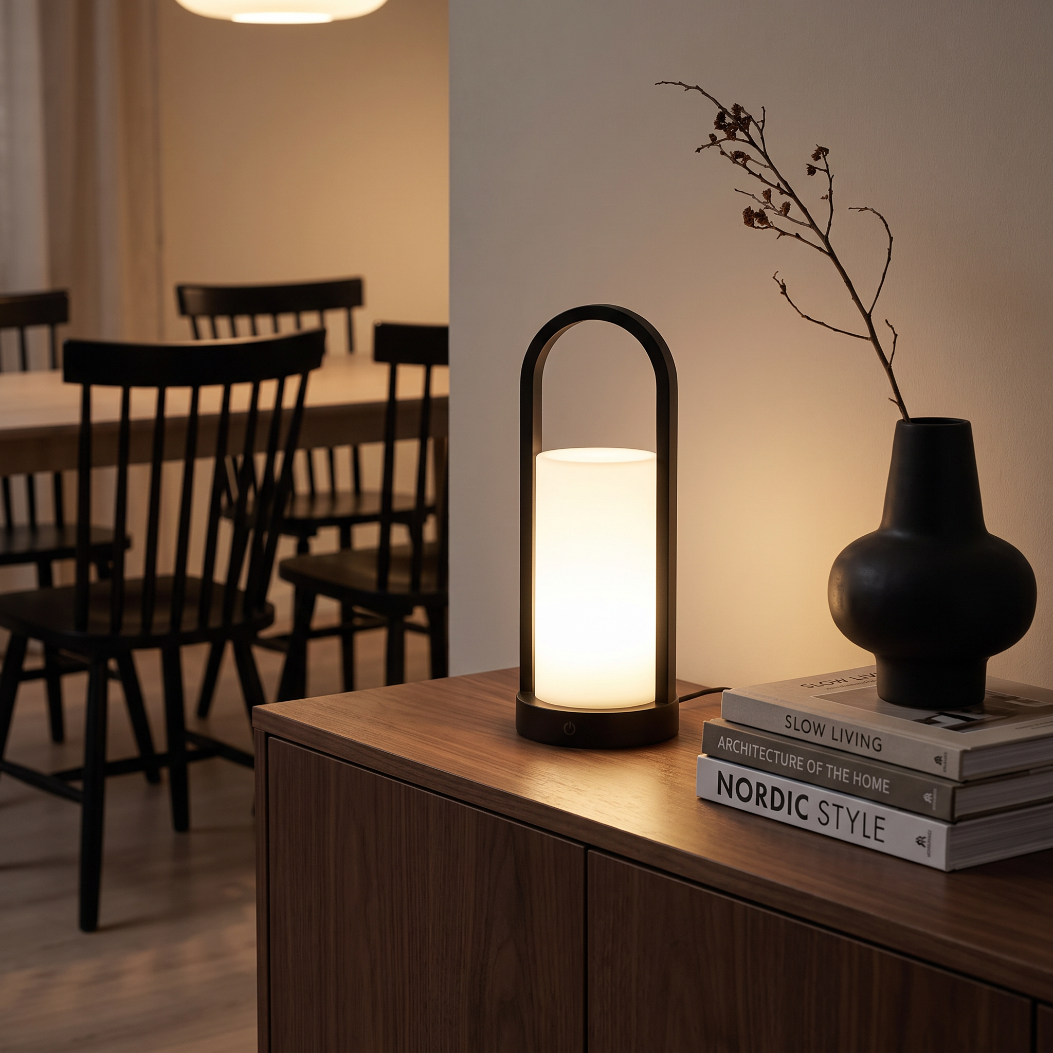 Glimmer black lantern on a dining room sideboard