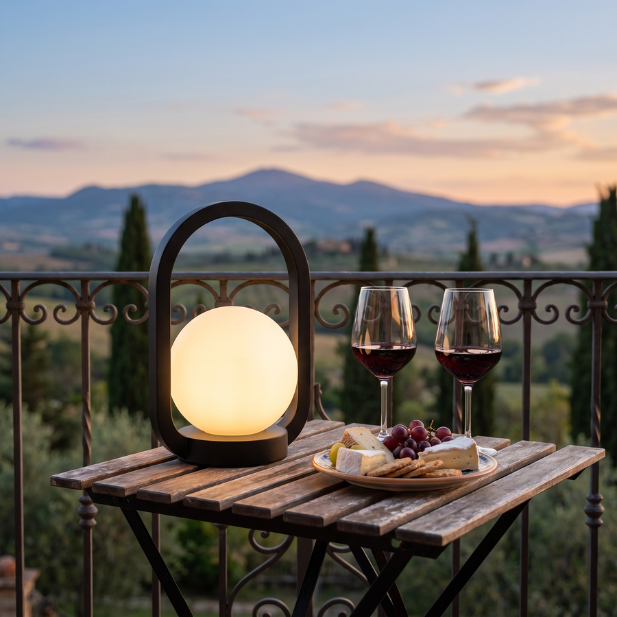 Glowsphere black lantern on a Tuscan balcony at dusk