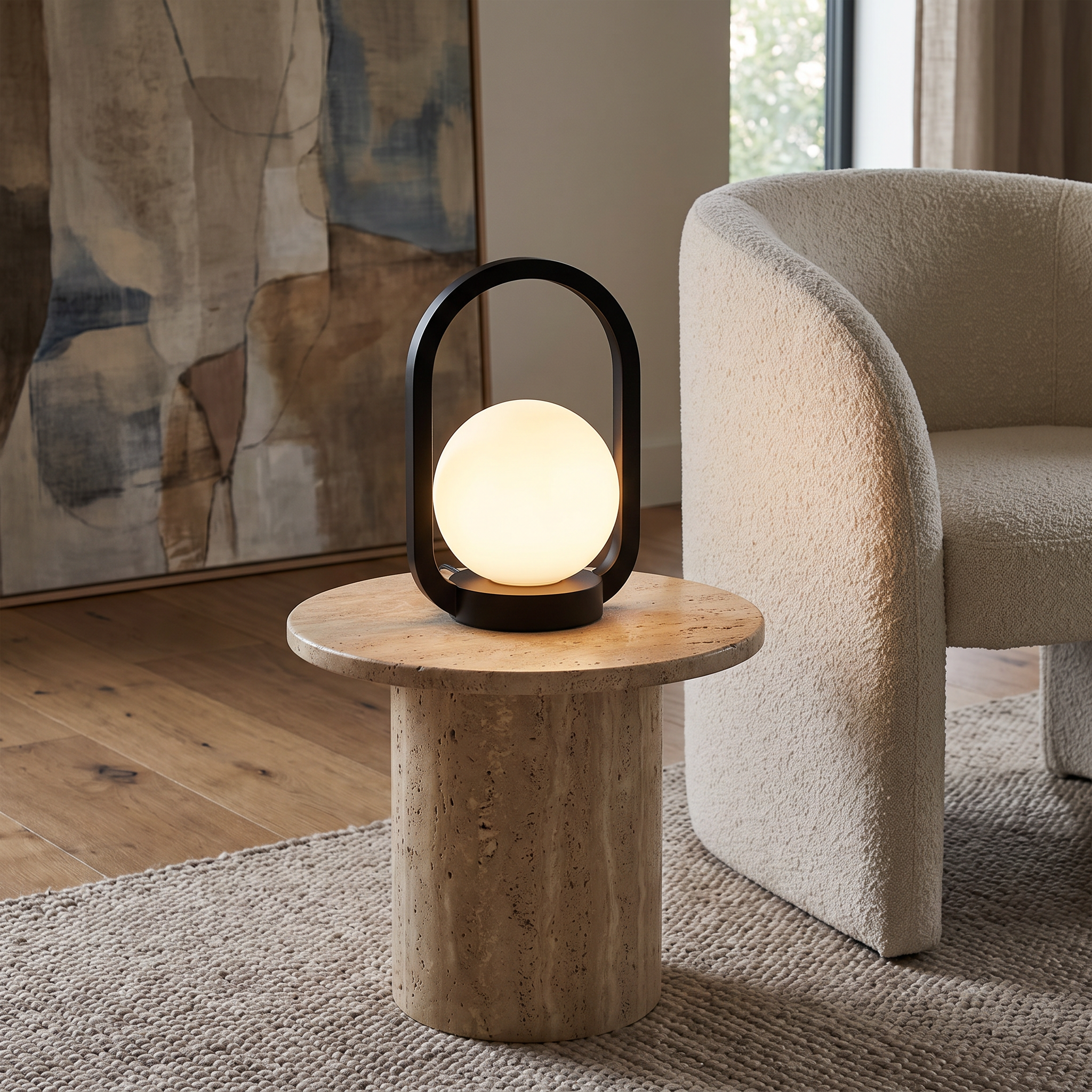 Glowsphere black lantern on a living room side table