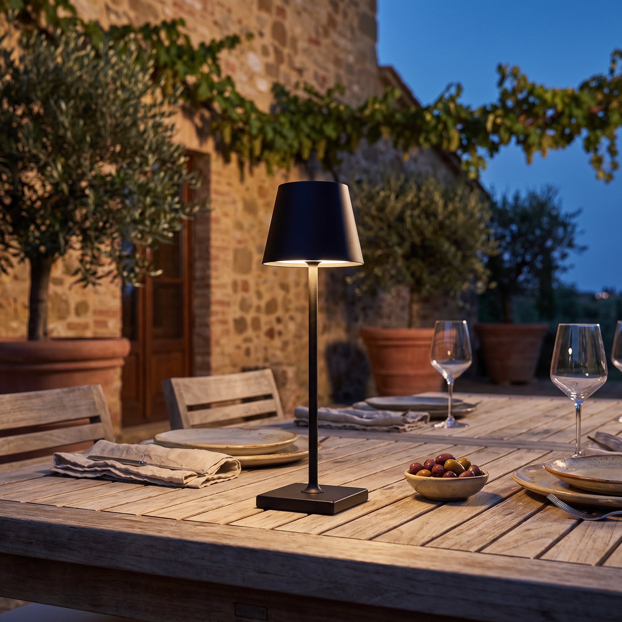 Luminee table lamp on a Tuscan terrace dinner table