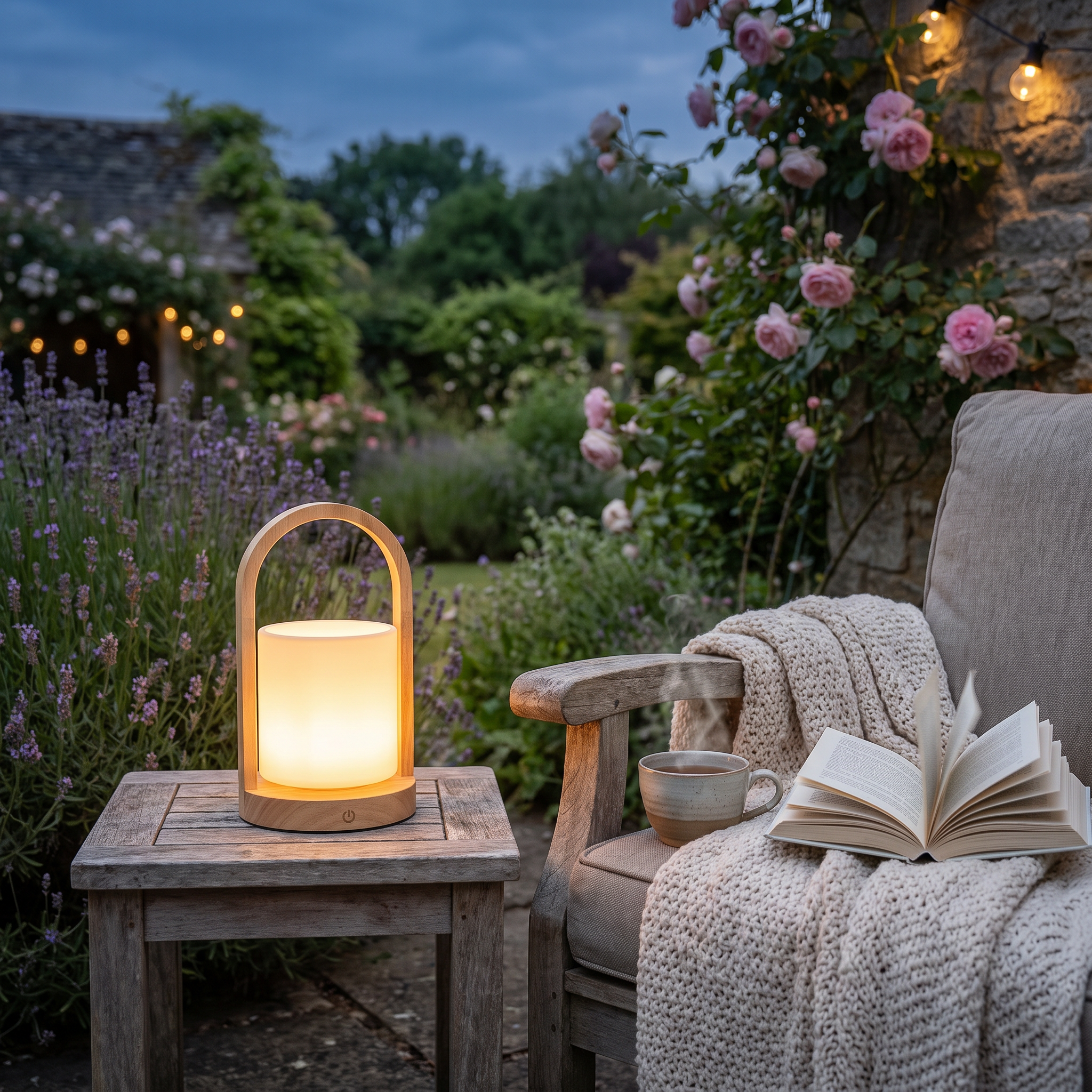 Wooden Miniglow lantern on a cottage garden patio