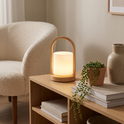 Wooden Miniglow lantern on a living room shelf