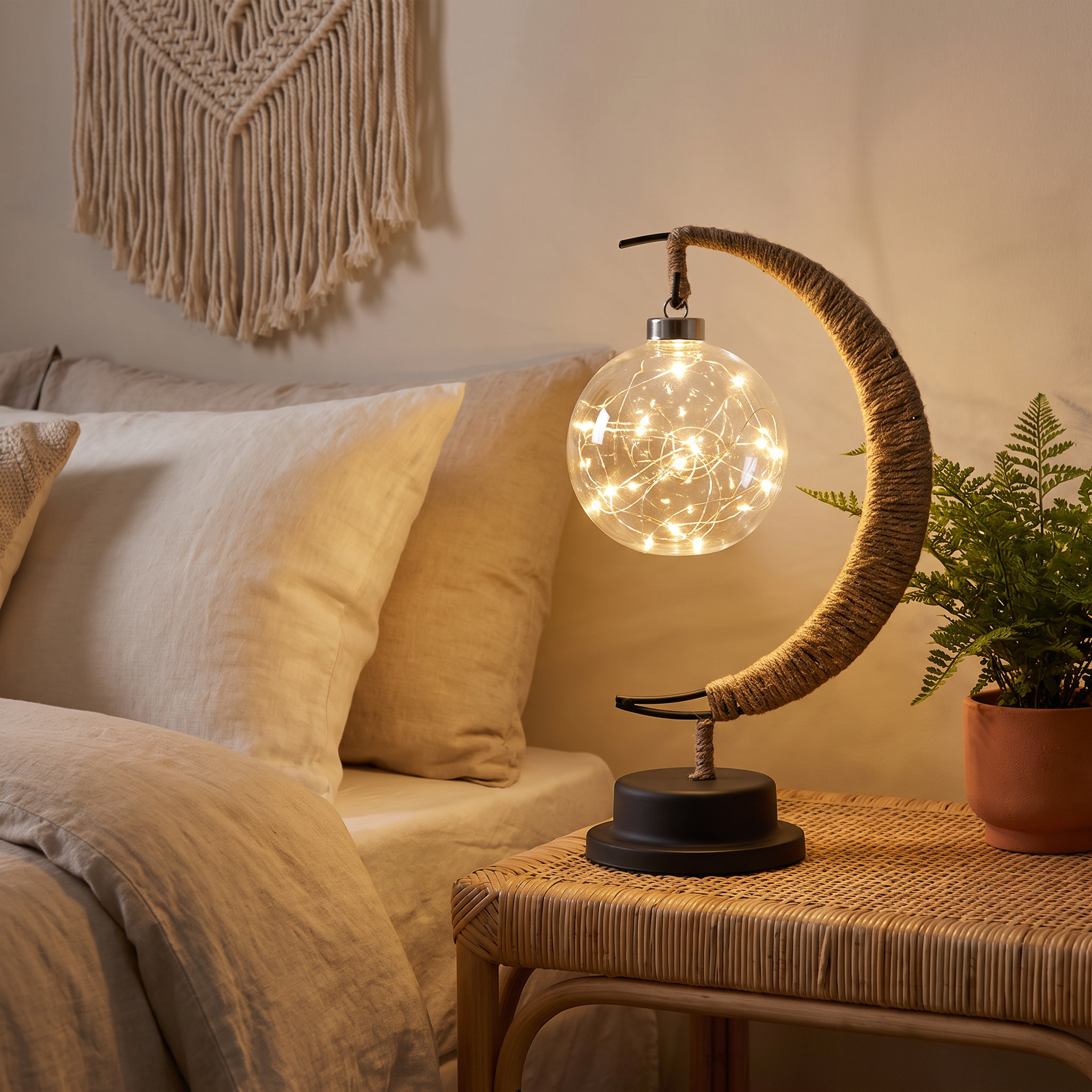 Moonlit table lamp on a rattan bedside table