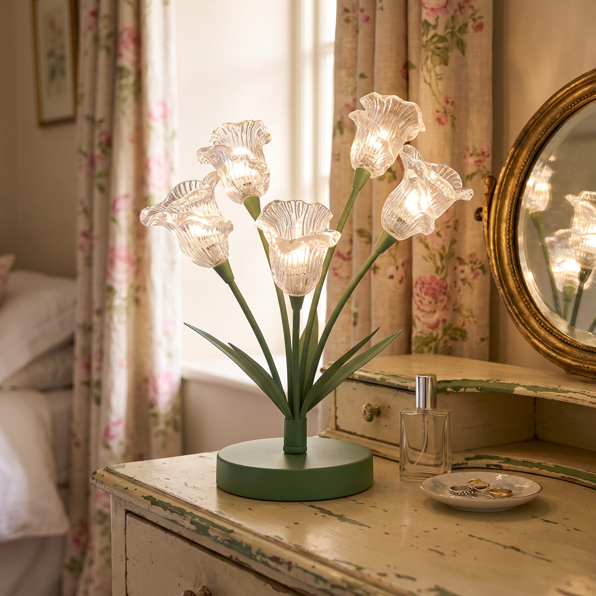 Tulip glass table lamp on a cottage dressing table