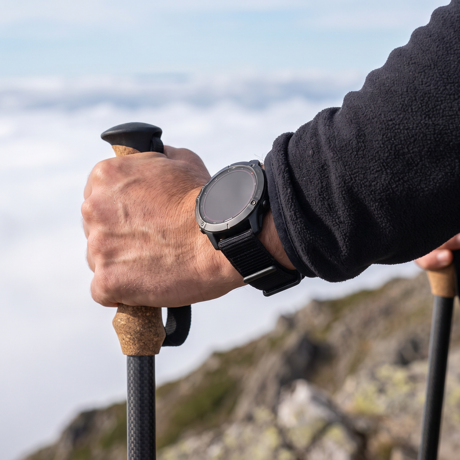 Deadtree V-Loc strap on a hiker's wrist