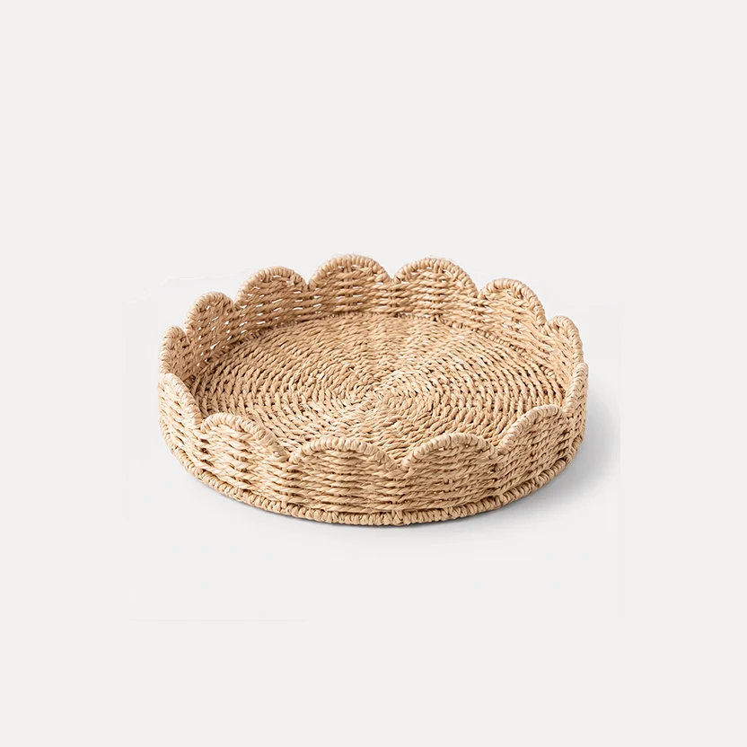Woven Wicker Round Tray on light grey studio background