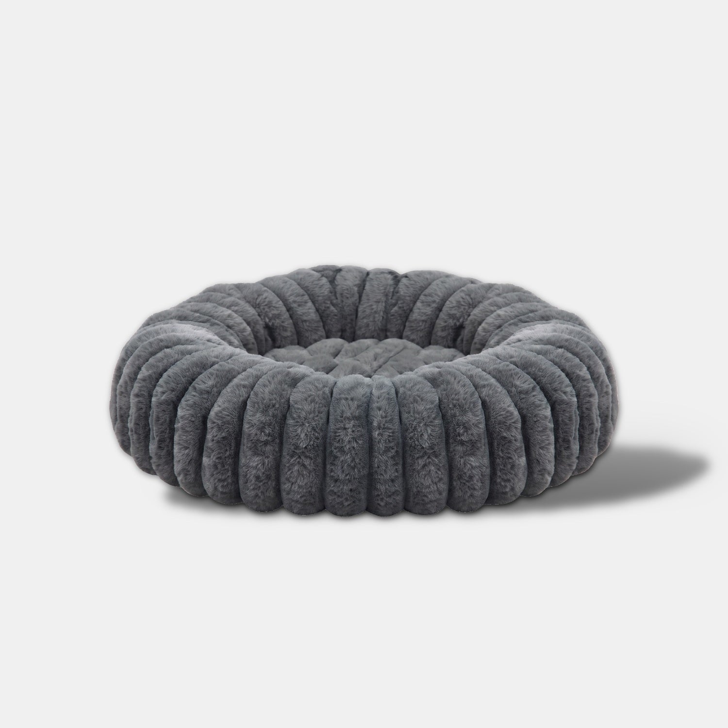 WuFF Donut Pet Bed in dark charcoal grey - round ribbed bed with a raised fluted wall