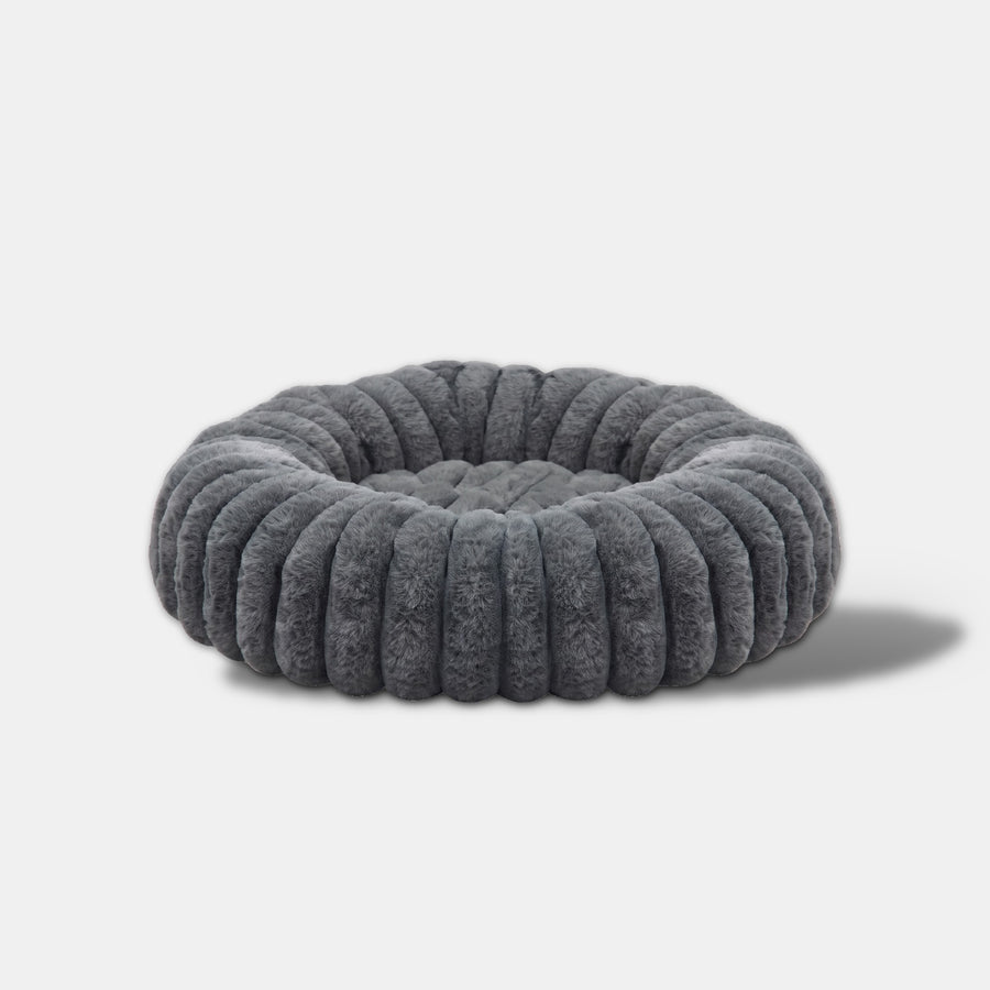 WuFF Donut Pet Bed in dark charcoal grey - round ribbed bed with a raised fluted wall