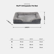 WuFF Orthopaedic Pet Bed dimensions - M 76 x 51 x 16 cm, L 91 x 69 x 18 cm, XL 113 x 81 x 18 cm