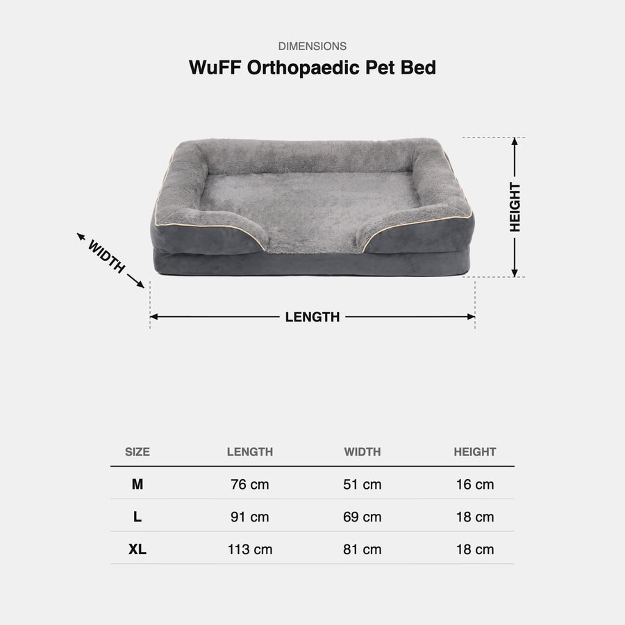 WuFF Orthopaedic Pet Bed dimensions - M 76 x 51 x 16 cm, L 91 x 69 x 18 cm, XL 113 x 81 x 18 cm