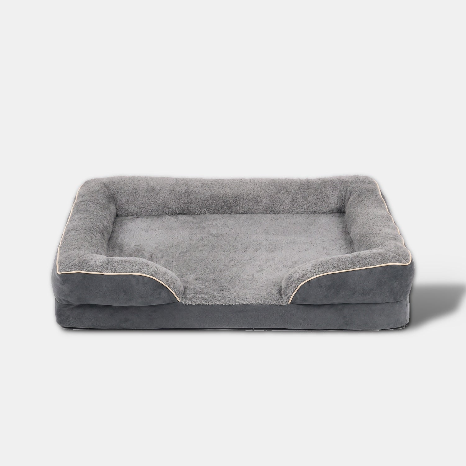 WuFF Orthopaedic Pet Bed in grey - fleece-lined bolster bed with open front and suede base