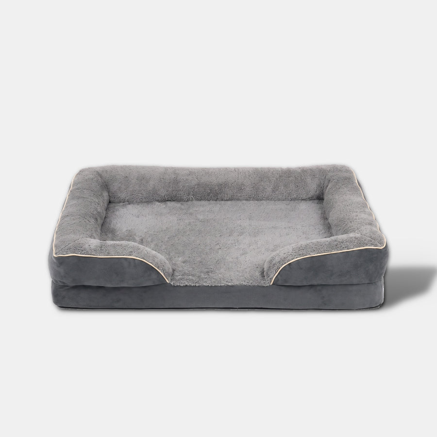 WuFF Orthopaedic Pet Bed in grey - fleece-lined bolster bed with open front and suede base