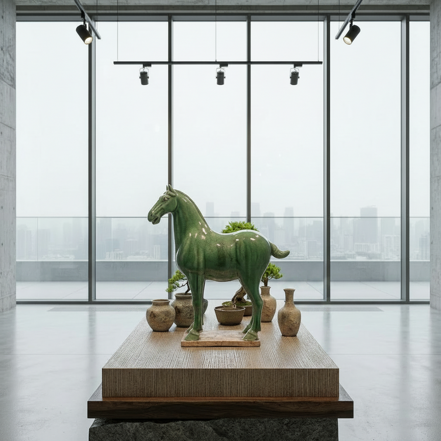 Terracotta Large Glazed Horse Statue - Emerald Green Finish