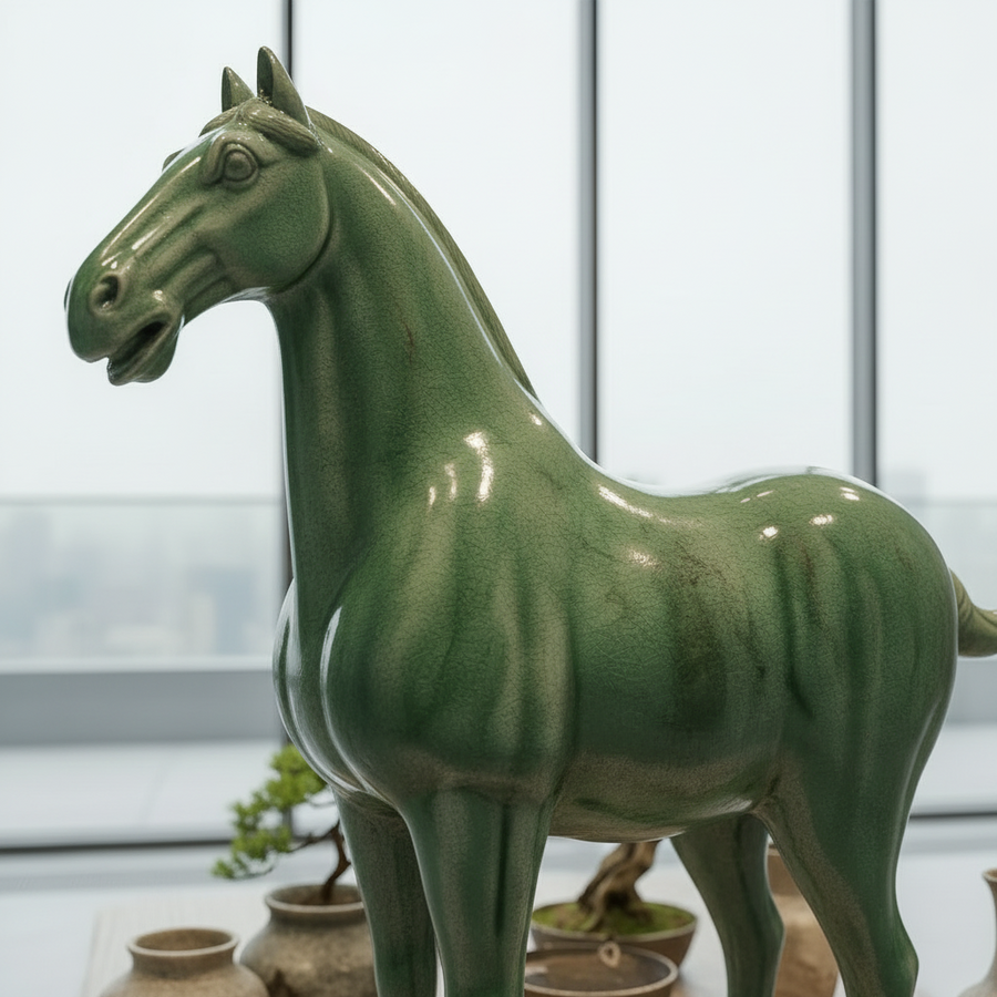 Terracotta Large Glazed Horse Statue - Emerald Green Finish